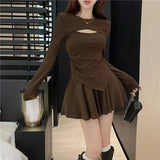 Casual Top Half Dress Two Sets Of Women's Early Autumn New Korean Hollow Design Feel Irregular T-Shirt Chic Suit