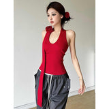 Fashion Magenta Red Sexy Hottie Hanging Neck Sleeveless Vest Women Autumn And Winter New Repair In A Niche Top