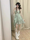 2025 Spring And Summer New Girl Wind Sweet Green Sleeveless Sleeveless Skirt Students To Collect Waist Thin Irregular Long Skirt