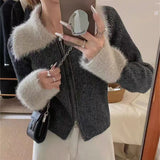 KANING Collar Fur Double Zipper Knitted Cardigan Women 2026 Autumn New Bumpy Retro Style Sweater Outside
