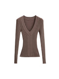 Han Mo Sense Thin V-Neck Knitted Shirt Showing Chest Big Waist Slender Sleeve Old Money Pit High Bullet Repair Body Dress Woman Autumn