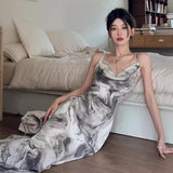 Sexy Ink Painting Dizzling Sling V-Neck Dress Women Summer Retro Style Dew Temperament H-Shaped Long Dress
