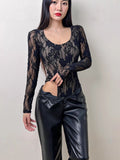 Fashion New Lace Splicing Long Sleeve Crobrate Crobrate Yarn Net Hollow Hook Babes Conjoined Shirt