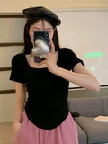 2026 Summer New Pure Windy U Collar Hottie Top Slimming Irregular Short-Sleeved T-Shirt Girl Ins