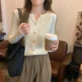 KANING Korean Scissors Collar Thin Knitted Cardigan 2026 Autumn New Long-Sleeved Knitted Bottom Sweater Woman