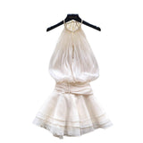 Vietnamese Wrinkled Flowers High-Grade Feeling Small White Skirt Milk White Ponbo Pearl Hanging Neck Skirt Temperament Goddess
