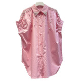 Fashion Short-Sleeved Shirt Women 2025 Summer Korean Version Of Loose Ocean Design Feeling Niche Bubble Sleeve Heavy Industry Nail Bead Top