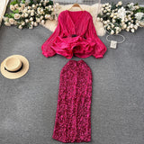 Yu Sister High-End Oceanic Suit Female Fashion Famous Woman To Collect Waist Lotus Leaves Side Folding Top + High-Waisted Lewd Lewd Half-Dress