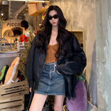 Black Retro Locomotive Collar Pu Leather Coat Female Cool Wind 2025 Spring And Autumn New Leather Jacket Locomotive Top