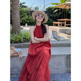 New Chinese Style Retro National Style Flower Red Hanging Neck Dress Women Summer Seaside Holiday Temperament Long Skirt