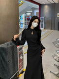 Large-Size French Cheongsam Dress Women's Autumn Hepburne Small Black Dress Fat Mm Waist Hanging Feeling Skirt