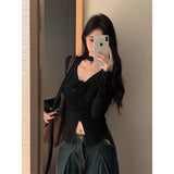 Pin Folded Flowers V-Neck Long-Sleeved T-Shirt For Girls Spring New Sweet And Spicy Style Slimming On The Clothes