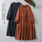 2026 Spring Literature And Art Loose Age Reduction Slim Splicing Long Dress Retro Print Wave Long-Sleeved Dress Woman