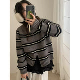 KANING Korean Striped Double Zipper Knitted Cardigan 2026 Autumn New Women's Short Round-Neck Sweater Jacket