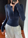 Ins Sexy Pure-Want Button Solid-Colored Long-Sleeved T-Shirt Girl Spring And Autumn Dress V-Neck Slimming Bottom Top Woman T