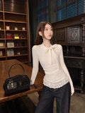 Sweet Wind Beautiful T-Shirt Girl Spring And Autumn Niche Design Bow Tie Hollow Body Bottom Shirt Tide