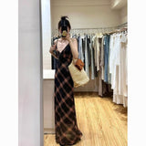 Vintage V-Necked Ling Grid Yarn Sling Dress Women's Summer Seaside Holiday Temperament Wind Bag-Puffed Long Dress
