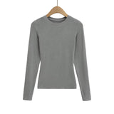 Spice Girls New Shoulder Round Neck Long Sleeve Elastic Waist T-Shirt Soft-Skinned Solid-Colored Back-To-Bottom Shirt