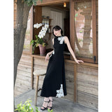 New Chinese Retro Windy Shoulder Lace Splicing Color Dress Female Summer Temperament Waist A-Character Dress