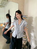 Designing A Blue Wood Ear Striped Soaked Women Summer Niche Age-Down V-Neck Collar Thringing Thin Short Sleeve Top