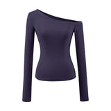 Solid Color Oblique Shoulder Shoulder-To-Shoulder Knitted Long-Sleeved Hottie Design Feel Bottom Blouse T-Shirt