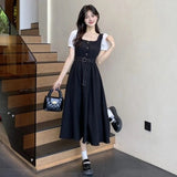 Hepburn Style Colliding Button-Fight Collar Bubble Sleeve Dress Women Summer Waist Light Luxury High Umbrella Skirt Dress