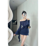 Sexy Hottie Purple Shoulder Dress Women Autumn Winter Design Tight Body Thin Ass Short Skirt