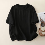Real Shooting 2026 New Retro Dunshi Literary Top Women Splicing Thread Round-Neck Short-Sleeve Shirt Casual Jacket