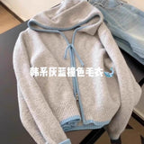 KANING Soft Blue Hooded Knitted Cardigan Women 2026 Autumn New Zip Casual Soft Blouse