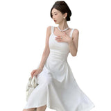 Gentle Wind-Fangd Tie Sling Solid-Colored Dress Summer Women French Height Waist Temperament Over The Knee Long Skirt