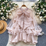 French Retro Lantern Sleeve Shirt Women's Summer Lotus Leaf Side Butterfly Collar Design Gentle Atmosphere Famous Top Tide