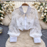 High-End Oceanic Heavy Industry Nail Pearl Sclins Stereo-Flower Shirt Women 2025 Spring Dress New Perspective Netɴ French Top