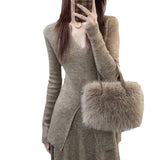 KANING Elegant Open Fork Bottom Sweater Half-Dress Two Sets 2026 Autumn New Fashion Knitting Suit Woman