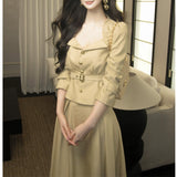 [Senino] Vintage Style Chic Lily Collared Waist Short Coat High Waist Swing Half Skirt Suit Dress Autumn