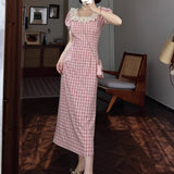 Korean Version Of The Red Lattice Dress Women's Summer New Small Man Looks Unique Beautiful Lace Dress
