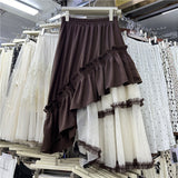 Net Yarn Splicing Irregular Wooden Ear Half-Dress Woman 2025 Spring And Summer New French Temperament A-Character Swing Skirt