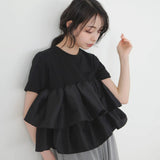 Real Shooting A Large Number Of Summer New Double-Layer Lotus Edge Spliced Women's Black And White Cotton Tops