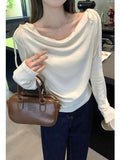 Autumn Gentle Wind With Solid Color Long-Sleeved T-Shirt Slanted Shoulders Hottie Pure Chic Repair Body Dress Woman