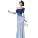 Blue Gradient Folding Boobs Dress Long High-End Feel Holiday Wind To Pack Hip Fishtail Skirt Woman Summer