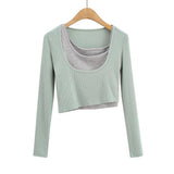INS Spring/Autumn Irregular Colleal Slammed Two-Sleeved Set Of Women's U-Neck Solid Colored Long Sleeved T-Shirt