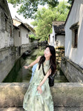 New Chinese Women's Sleeveless Hanging Neck Dress Summer Cold Slack Feeling Wearing Slings Green Broken Flower Dress