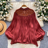 Court Style Niche High-End Feeling Heavy Industry Nails Drill Lantern Sleeve Escre Net Yarn Shirt Women Loose Leisure Top
