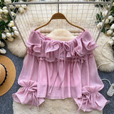 French Sweet Wind Word Shoulder Lotus Leaf Shirt Female Summer Korean Version Of Long Sleeve Tied Fairy Commuting Temperament Blouse