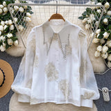 French Light Luxury Heavy Industry Diamond-Stitched Collar Lantern Sleeve Shirt Women's Fashion Glide Embroidery Single Buckle Cardigan Women's Top