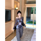 Fashion Design Feels The Shoulder Long-Sleeved T-Shirt Girl Summer New Slimming Inside The Folding Mesh Yarn Top