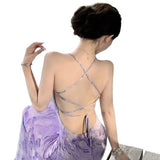 Sexy Pure Ambience Feeling Back Purple Dress Women Summer Slimming Tossed Fishtails Holiday Dress