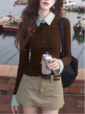 Vintage Lattice Splicing Fake Two-Piece Bottomed Shirt Women In The Spring And Autumn Wearing A Design Polo Collar Top