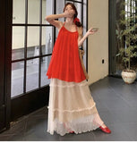 Dopamine Wears Red Bare Shoulder-Backed Neck Chiffon Shirt + Holiday Wind Skirt Skirt Long Skirt Two Sets