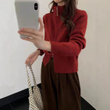 KANING Korean Version Of The Double Zipper Knitted Cardigan 2026 New Solid Color Simple Loose Red Sweater Jacket
