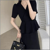 Large-Size Hao Ben Style Black Short-Sleeved Dress Women's Summer New Fake Two Temperament Thin V-Neck Long Skirt